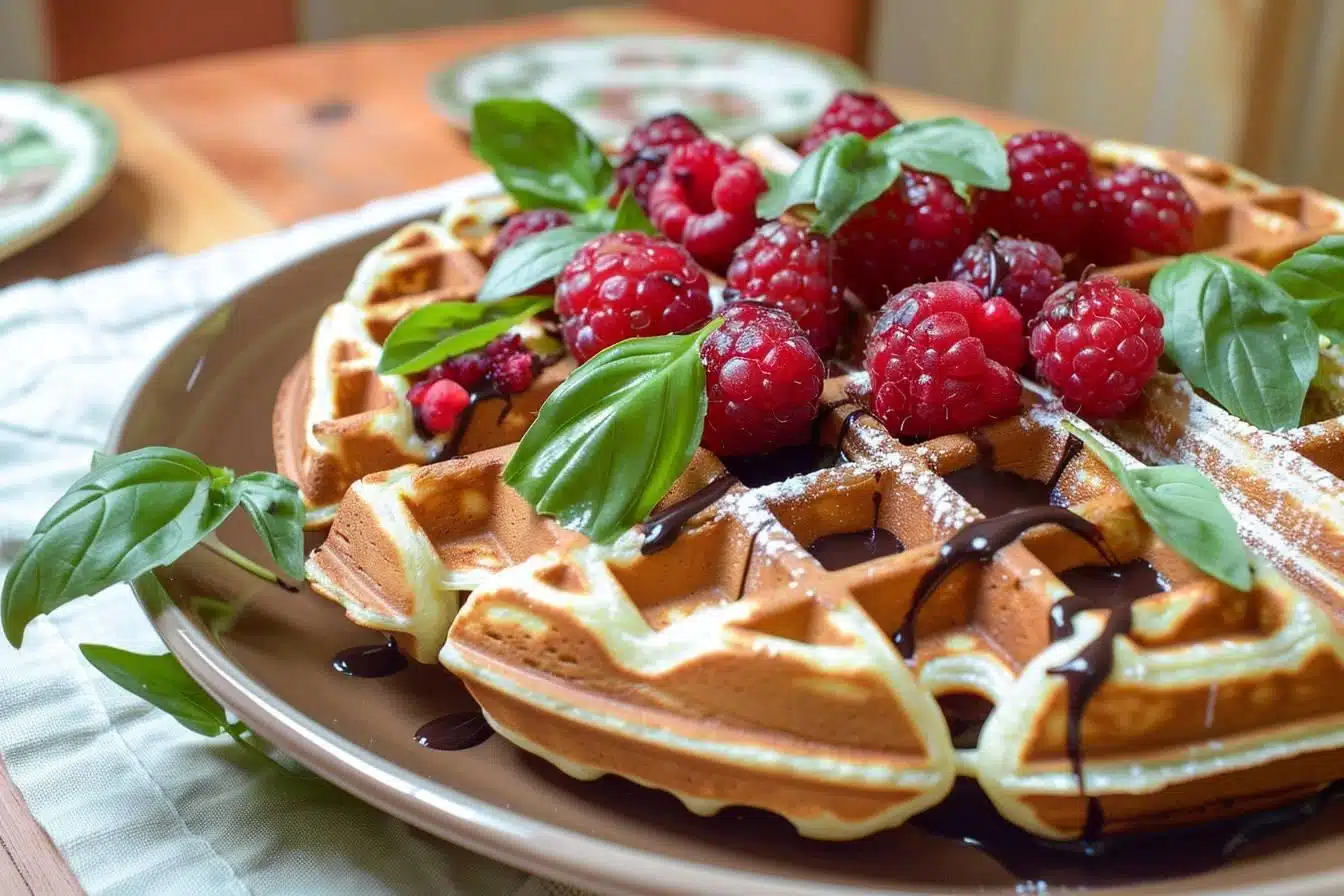 Recette irrésistible : Gaufres au chocolat blanc, framboises et basilic