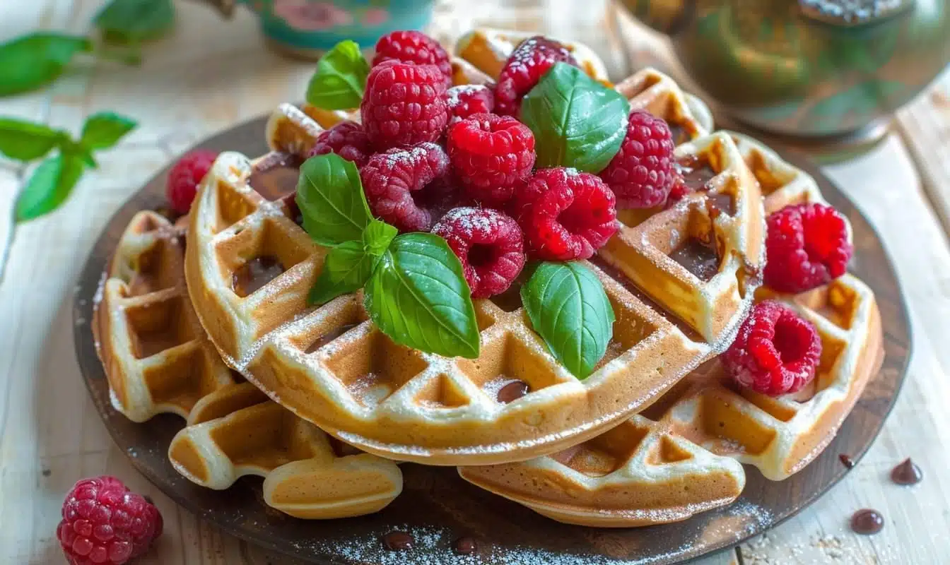 Recette irrésistible : Gaufres au chocolat blanc, framboises et basilic