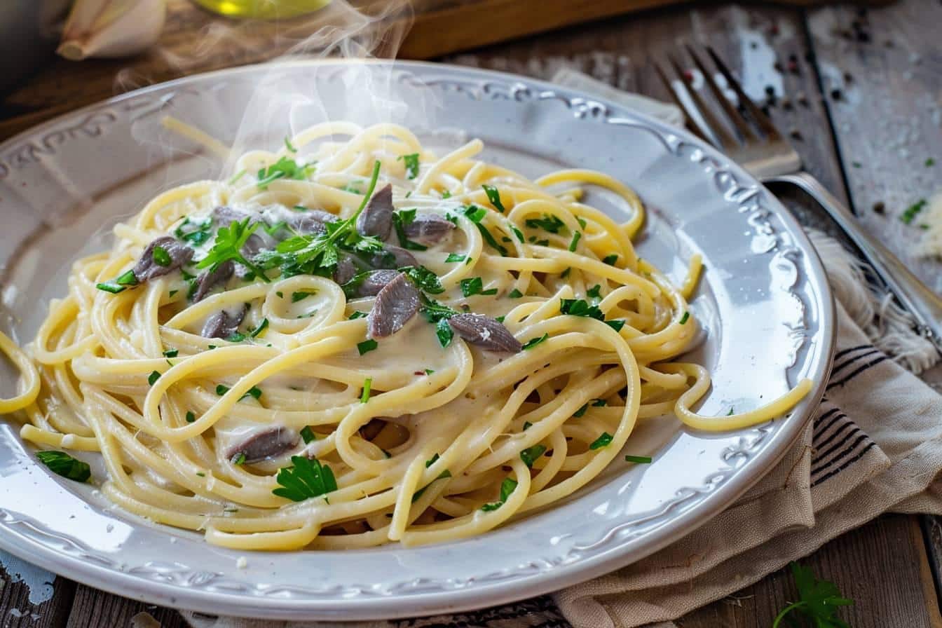 Recette délicieuse de spaghetti à la crème fraîche et aux anchois : facile et rapide à préparer